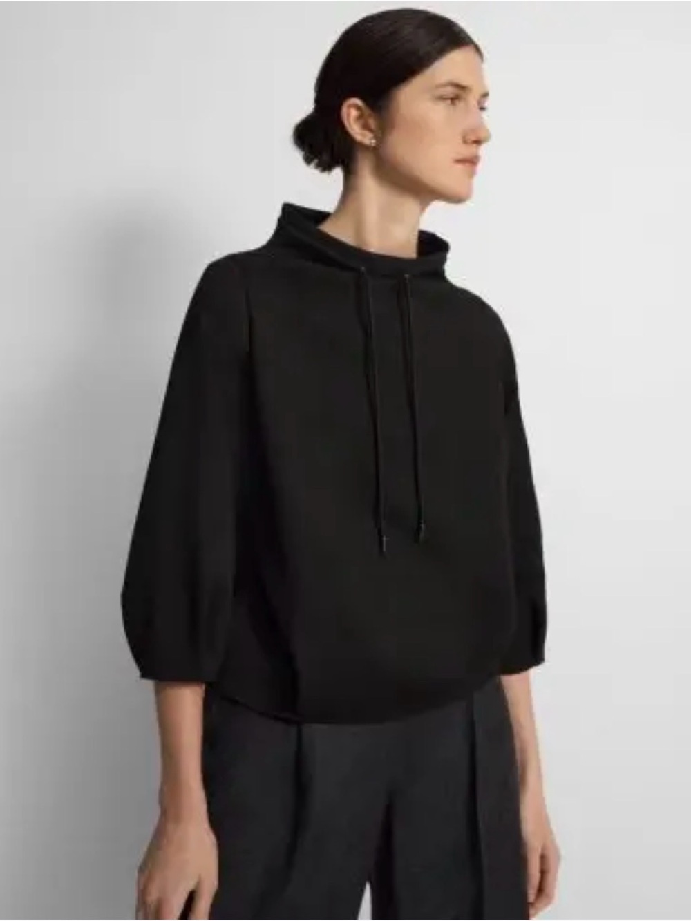 Theory Black Funnel-Neck Pullover in Double Knit Jersey with Drawcords Medium